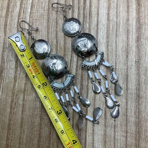 Peruvian Handmade Coin Dangle Silver Tone Boho Earrings - Picture 5 of 5